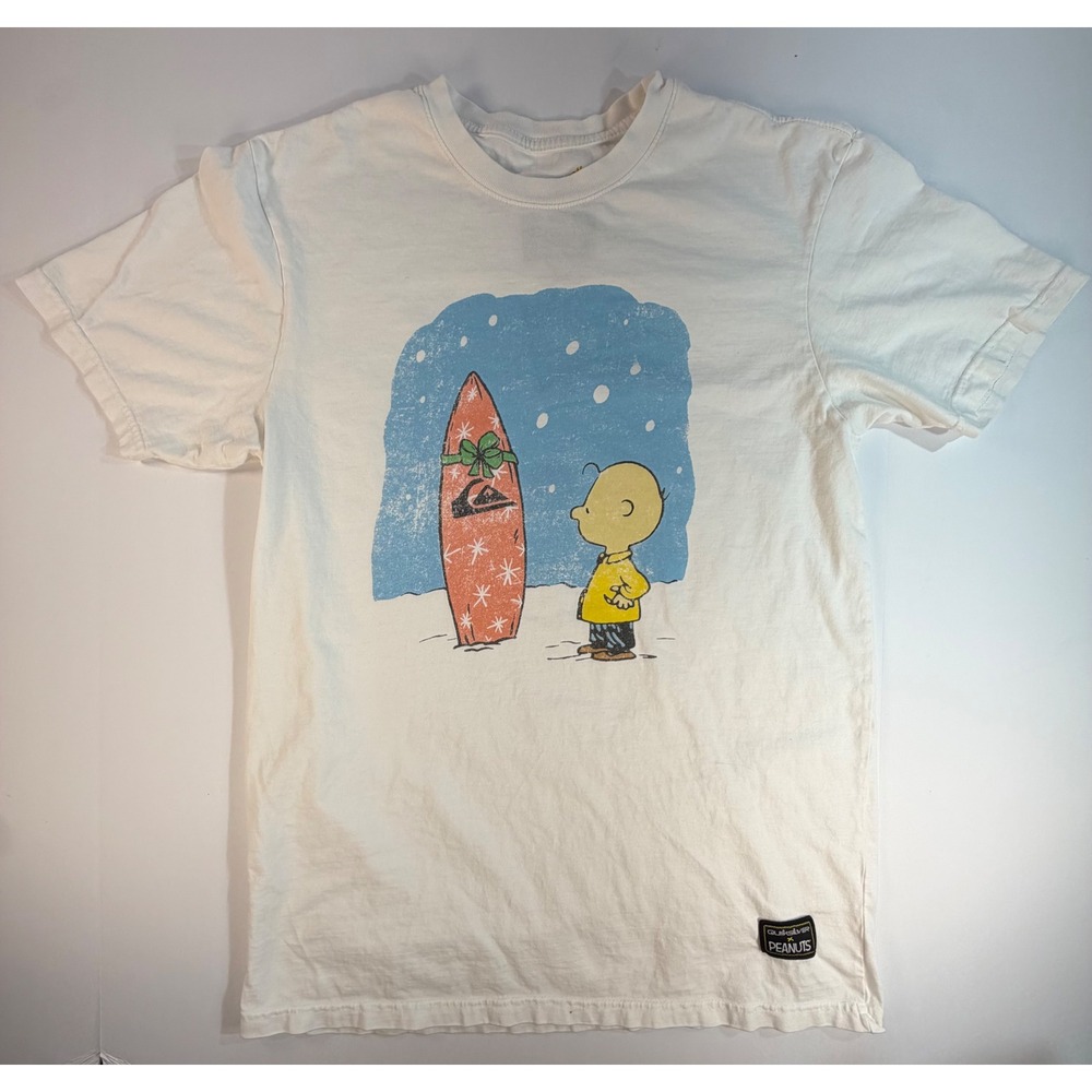Quiksilver x Peanuts Charlie Brown Surfboard White Graphic T-Shirt Mens Medium